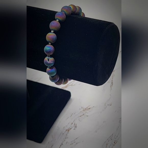 Rainbow Druzy Agate Galaxy smooth round stretch bracelet silver DesignFreeSpirit - Picture 1 of 7